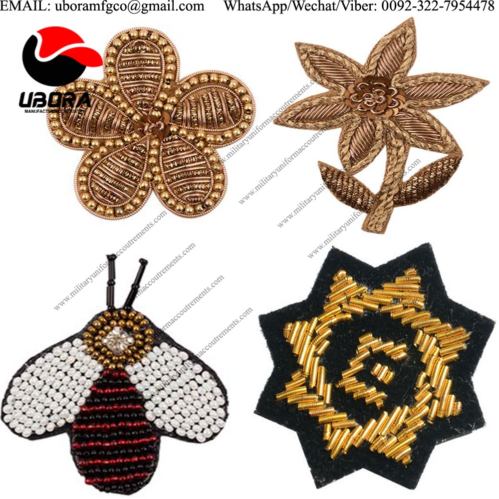Bullion wire Fabric Accessories Handwork Golden Zardosi Flower , bee brooch with Bullion wire Stem 